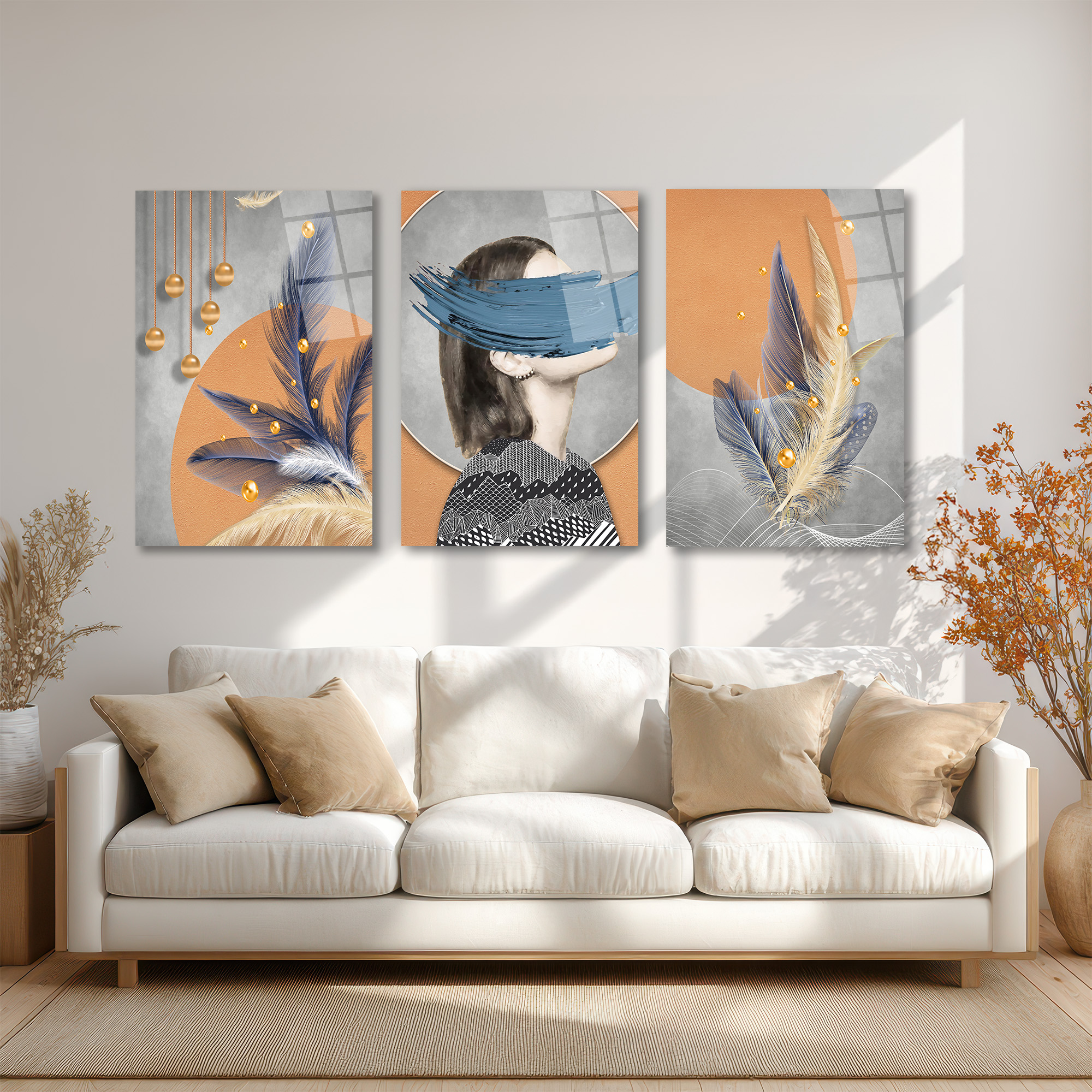 Gizemli Bakışlar ve Tüylerle Modern Sanat 3'lü Cam Tablo Seti Üçlü Set Duvar Dekoru Gizemli Bakışlar ve Tüylerle Modern Sanat 3'lü Cam Tablo Seti Üçlü Set
