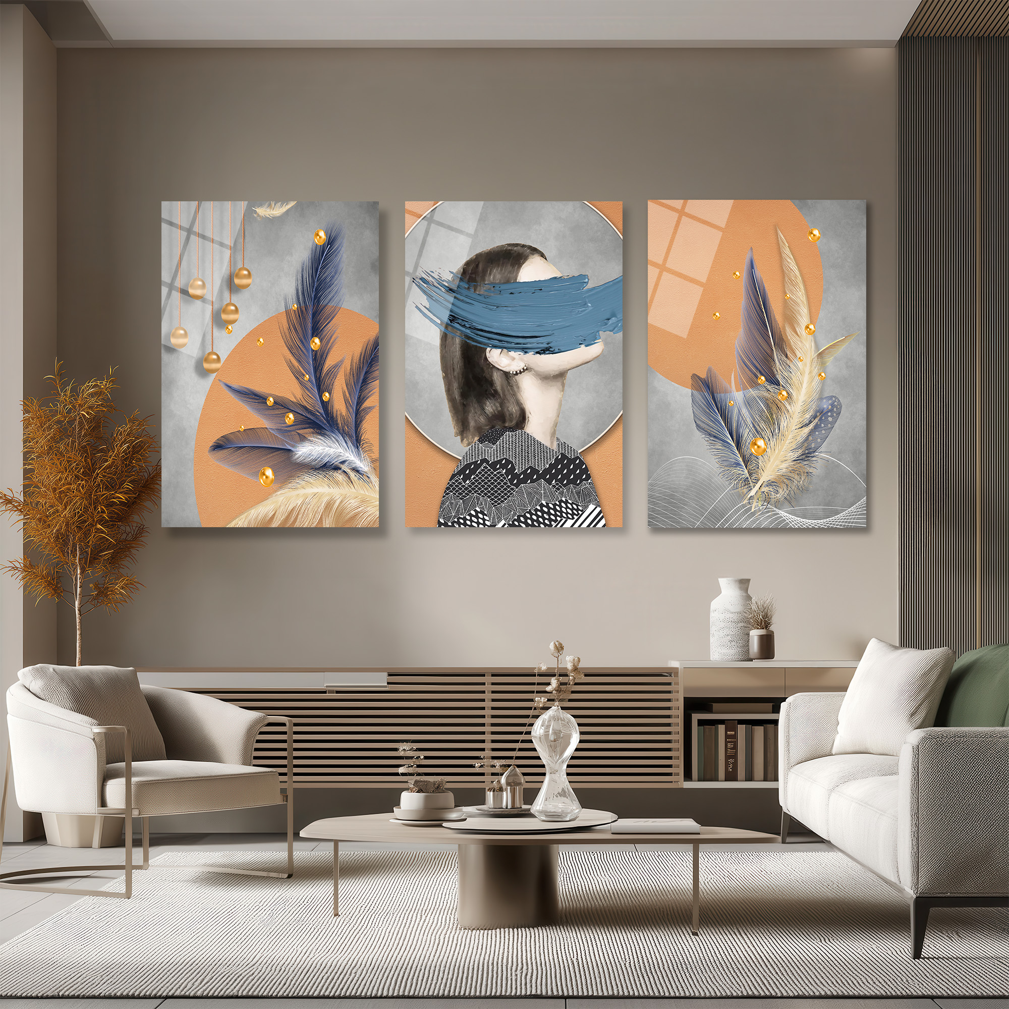Gizemli Bakışlar ve Tüylerle Modern Sanat 3'lü Cam Tablo Seti Üçlü Set Duvar Dekoru Gizemli Bakışlar ve Tüylerle Modern Sanat 3'lü Cam Tablo Seti Üçlü Set