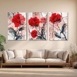 Kırmızı Güller Soyut Sanat 3'lü Cam Tablo Seti Üçlü Set Duvar Dekoru Kırmızı Güller Soyut Sanat 3'lü Cam Tablo Seti Üçlü Set
