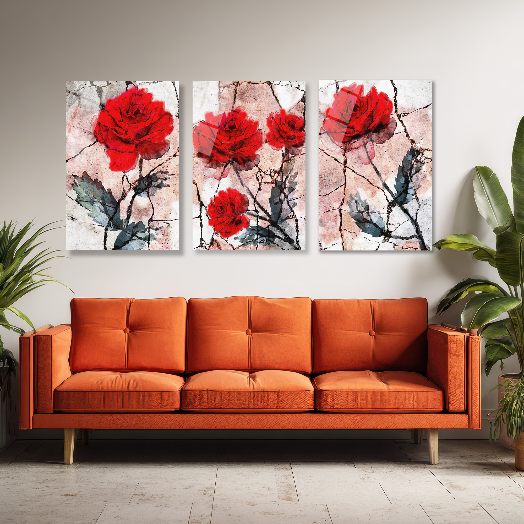 Kırmızı Güller Soyut Sanat 3'lü Cam Tablo Seti Üçlü Set Duvar Dekoru Kırmızı Güller Soyut Sanat 3'lü Cam Tablo Seti Üçlü Set