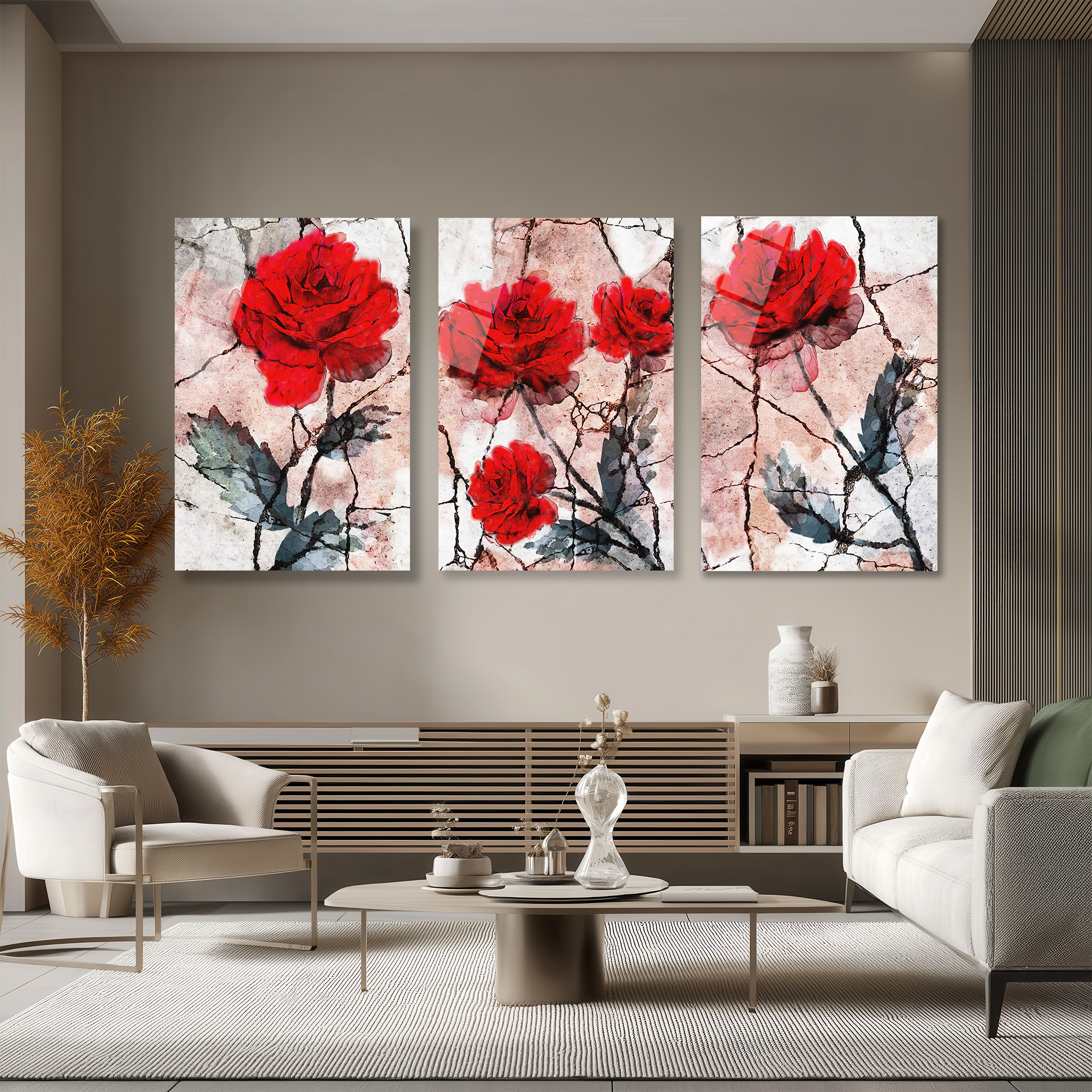 Kırmızı Güller Soyut Sanat 3'lü Cam Tablo Seti Üçlü Set Duvar Dekoru Kırmızı Güller Soyut Sanat 3'lü Cam Tablo Seti Üçlü Set