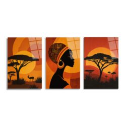 Afrika Gün Batımı Kadın Silüeti Üçlü Cam Tablo Seti Üçlü Set - Glazella