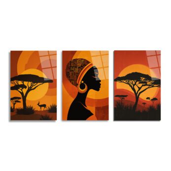 Afrika Gün Batımı Kadın Silüeti Üçlü Cam Tablo Seti Üçlü Set - Glazella
