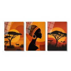 Afrika Gün Batımı Kadın Silüeti Üçlü Cam Tablo Seti Üçlü Set Duvar Dekoru Afrika Gün Batımı Kadın Silüeti Üçlü Cam Tablo Seti Üçlü Set