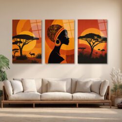 Afrika Gün Batımı Kadın Silüeti Üçlü Cam Tablo Seti Üçlü Set Duvar Dekoru Afrika Gün Batımı Kadın Silüeti Üçlü Cam Tablo Seti Üçlü Set