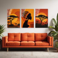 Afrika Gün Batımı Kadın Silüeti Üçlü Cam Tablo Seti Üçlü Set Duvar Dekoru Afrika Gün Batımı Kadın Silüeti Üçlü Cam Tablo Seti Üçlü Set