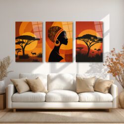 Afrika Gün Batımı Kadın Silüeti Üçlü Cam Tablo Seti Üçlü Set Duvar Dekoru Afrika Gün Batımı Kadın Silüeti Üçlü Cam Tablo Seti Üçlü Set