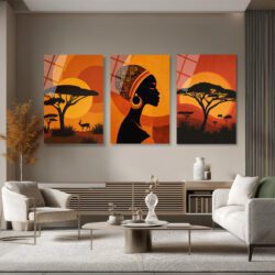 Afrika Gün Batımı Kadın Silüeti Üçlü Cam Tablo Seti Üçlü Set Duvar Dekoru Afrika Gün Batımı Kadın Silüeti Üçlü Cam Tablo Seti Üçlü Set