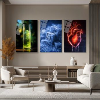 Hayatın Akışı: Yeşil İçecek, Soğuk Para, Ateşli Kalp Modern Cam Tablo Seti Üçlü Set - Glazella Hayatın Akışı: Yeşil İçecek, Soğuk Para, Ateşli Kalp Modern Cam Tablo Seti Üçlü Set - Glazella