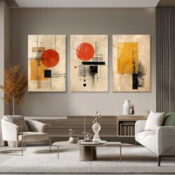 Bauhaus Etkili Soyut Geometrik Cam Tablo Seti - Modern Duvar Dekorasyonu Üçlü Set Duvar Dekoru Bauhaus Etkili Soyut Geometrik Cam Tablo Seti - Modern Duvar Dekorasyonu Üçlü Set