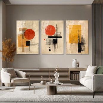 Bauhaus Etkili Soyut Geometrik Cam Tablo Seti - Modern Duvar Dekorasyonu Üçlü Set - Glazella