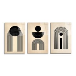 Modern Minimalist Geometrik Siyah Beyaz Cam Tablo Seti Üçlü Set - Glazella