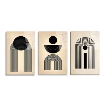 Modern Minimalist Geometrik Siyah Beyaz Cam Tablo Seti Üçlü Set - Glazella