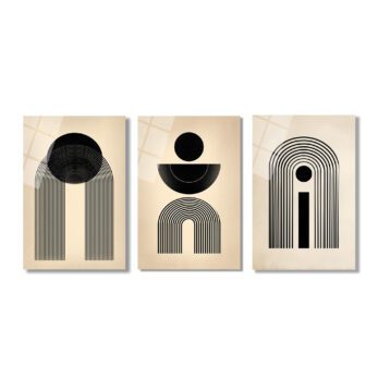 Modern Minimalist Geometrik Siyah Beyaz Cam Tablo Seti Üçlü Set - Glazella