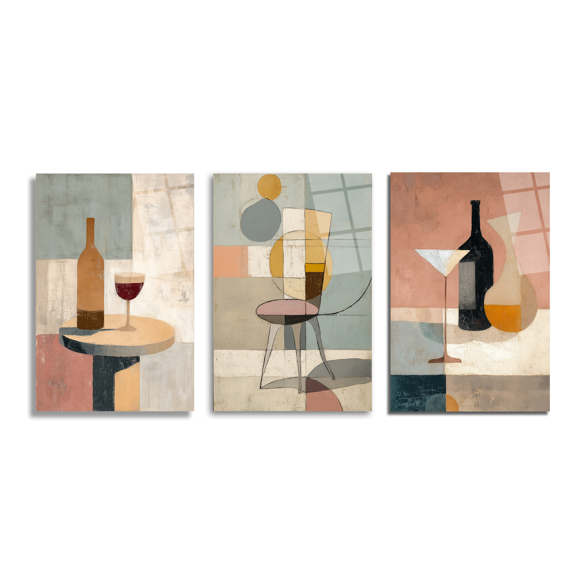 Soyut Sanatın Zarafeti: Modern Still Life Üçlü Cam Tablo Seti Üçlü Set Duvar Dekoru Üç parçalı modern soyut cam tablo seti. İlk panelde şarap şişesi ve kadehi, ikinci panelde soyut bir sandalye, üçüncü panelde kokteyl kadehi ve şişeler yer alıyor. Pastel tonlarda, geometrik desenli ve sanatsal bir kompozisyon sunuyor.
