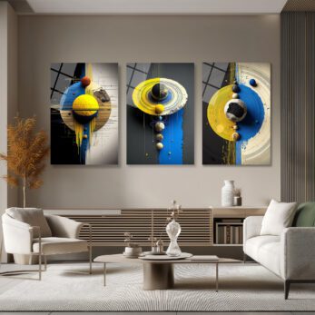 Dinamik Kozmos: Sarı ve Mavi Modern Soyut Cam Tablo Seti Üçlü Set - Glazella Dinamik Kozmos: Sarı ve Mavi Modern Soyut Cam Tablo Seti Üçlü Set - Glazella