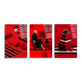 Anasayfa Duvar Dekoru Kırmızı, siyah ve beyaz tonlarında, üç parçalı modern cam tablo seti. İlk panelde geometrik şekiller ve küreler, ortadaki panelde kırmızı bir kanepede oturan şık bir kadın ve siyah kedi, üçüncü panelde ise katmanlı bir pasta ve kahve fincanı görülmektedir.