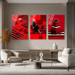 Asil Kırmızı ve Siyahın Dansı: Modern Şıklık Üçlü Cam Tablo Seti Üçlü Set Duvar Dekoru Asil Kırmızı ve Siyahın Dansı: Modern Şıklık Üçlü Cam Tablo Seti Üçlü Set