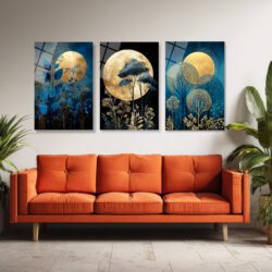 Gizemli Dolunay ve Altın Ağaçlar Modern 3'lü Cam Tablo Seti Üçlü Set Duvar Dekoru Gizemli Dolunay ve Altın Ağaçlar Modern 3'lü Cam Tablo Seti Üçlü Set