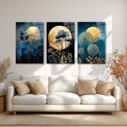 Gizemli Dolunay ve Altın Ağaçlar Modern 3'lü Cam Tablo Seti Üçlü Set Duvar Dekoru Gizemli Dolunay ve Altın Ağaçlar Modern 3'lü Cam Tablo Seti Üçlü Set