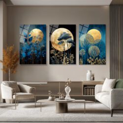Gizemli Dolunay ve Altın Ağaçlar Modern 3'lü Cam Tablo Seti Üçlü Set Duvar Dekoru Gizemli Dolunay ve Altın Ağaçlar Modern 3'lü Cam Tablo Seti Üçlü Set