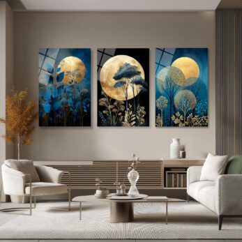 Gizemli Dolunay ve Altın Ağaçlar Modern 3'lü Cam Tablo Seti Üçlü Set - Glazella Gizemli Dolunay ve Altın Ağaçlar Modern 3'lü Cam Tablo Seti Üçlü Set - Glazella