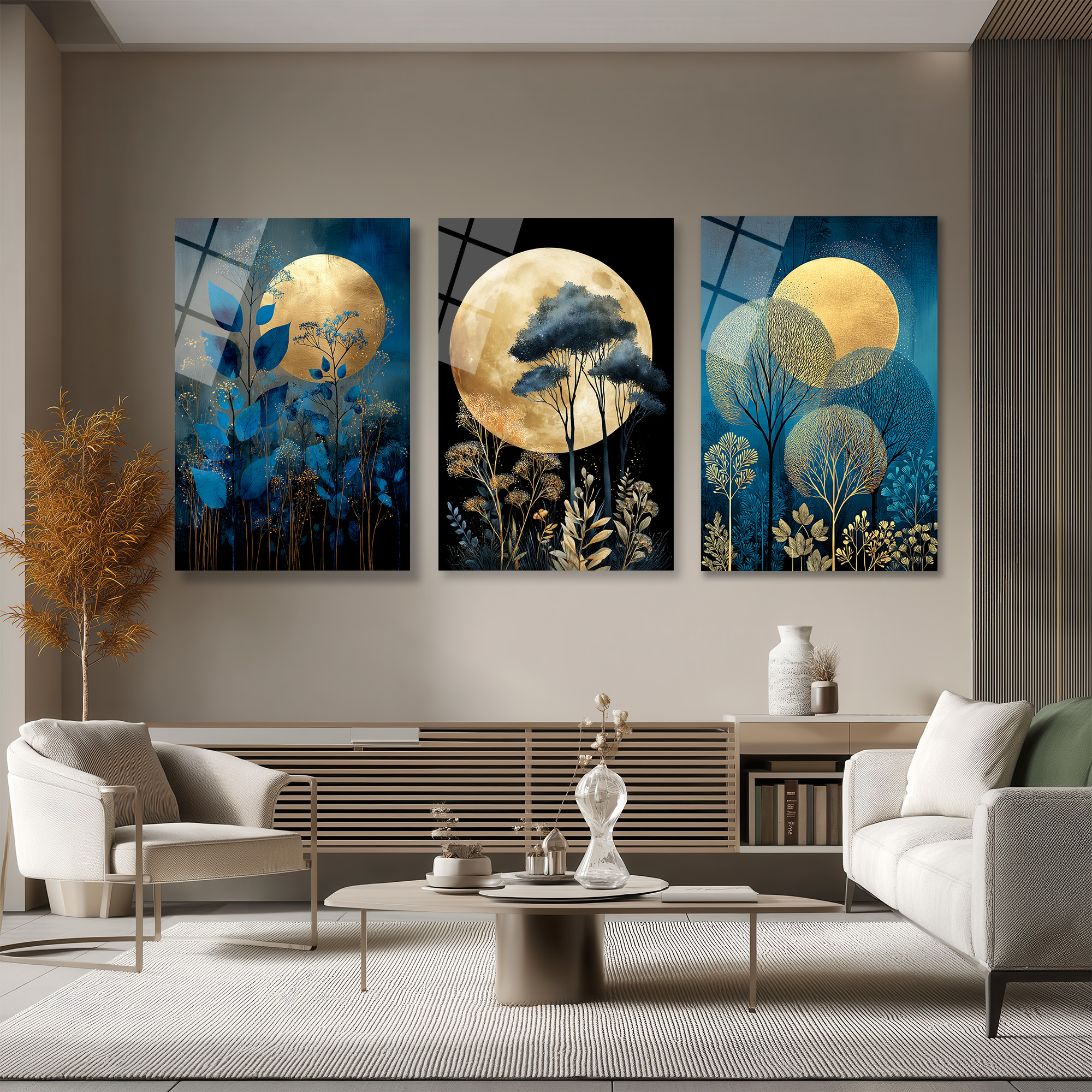 Gizemli Dolunay ve Altın Ağaçlar Modern 3'lü Cam Tablo Seti Üçlü Set Duvar Dekoru Gizemli Dolunay ve Altın Ağaçlar Modern 3'lü Cam Tablo Seti Üçlü Set