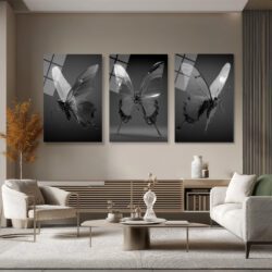 Transparan Kelebekler Üçlü Modern Cam Tablo Seti Üçlü Set Duvar Dekoru Transparan Kelebekler Üçlü Modern Cam Tablo Seti Üçlü Set