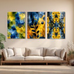 Dinamik Soyut Sanat Sarı Mavi Üçlü Cam Tablo Seti Üçlü Set Duvar Dekoru Dinamik Soyut Sanat Sarı Mavi Üçlü Cam Tablo Seti Üçlü Set