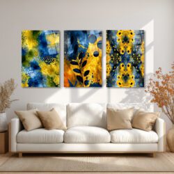 Dinamik Soyut Sanat Sarı Mavi Üçlü Cam Tablo Seti Üçlü Set Duvar Dekoru Dinamik Soyut Sanat Sarı Mavi Üçlü Cam Tablo Seti Üçlü Set