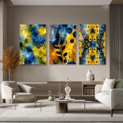 Dinamik Soyut Sanat Sarı Mavi Üçlü Cam Tablo Seti Üçlü Set Duvar Dekoru Dinamik Soyut Sanat Sarı Mavi Üçlü Cam Tablo Seti Üçlü Set