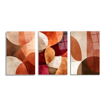 Sıcak toprak tonları (turuncu, kahverengi, bej, bordo) ve geometrik soyut dairesel şekillerden oluşan üç parçalı parlak cam tablo seti, modern bir sanat eseri.