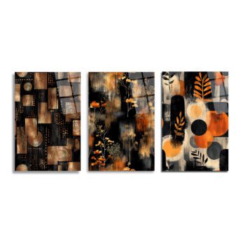 Anasayfa Duvar Dekoru Siyah, bronz ve turuncu renklerde, soyut geometrik desenler, ince dallı bitki motifleri ve dairesel formlar içeren modern üçlü cam tablo seti. Her panel farklı bir soyut kompozisyon sunar.