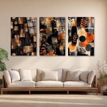 Modern Soyut Siyah & Bronz Cam Tablo Seti - 3 Parça Üçlü Set - Glazella