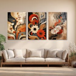 Modern Soyut Çiçekler Temalı Üçlü Cam Tablo Seti Üçlü Set Duvar Dekoru Modern Soyut Çiçekler Temalı Üçlü Cam Tablo Seti Üçlü Set