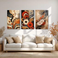 Modern Soyut Çiçekler Temalı Üçlü Cam Tablo Seti Üçlü Set Duvar Dekoru Modern Soyut Çiçekler Temalı Üçlü Cam Tablo Seti Üçlü Set