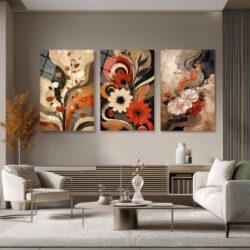 Modern Soyut Çiçekler Temalı Üçlü Cam Tablo Seti Üçlü Set Duvar Dekoru Modern Soyut Çiçekler Temalı Üçlü Cam Tablo Seti Üçlü Set