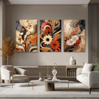 Modern Soyut Çiçekler Temalı Üçlü Cam Tablo Seti Üçlü Set - Glazella Modern Soyut Çiçekler Temalı Üçlü Cam Tablo Seti Üçlü Set - Glazella