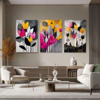 Canlı Renklerle Soyut Çiçekler Üçlü Cam Tablo Seti Üçlü Set - Glazella Canlı Renklerle Soyut Çiçekler Üçlü Cam Tablo Seti Üçlü Set - Glazella