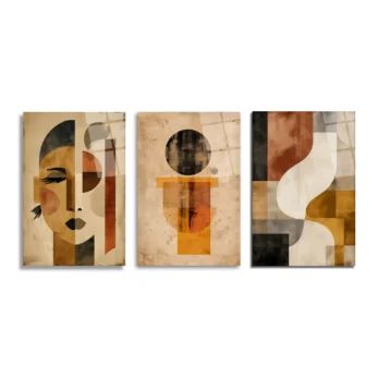 Anasayfa - Glazella Modern Sanat Soyut Yüz ve Geometrik Desenler Üçlü Cam Tablo Seti Üçlü Set - Glazella