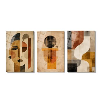 Modern Sanat Soyut Yüz ve Geometrik Desenler Üçlü Cam Tablo Seti Üçlü Set