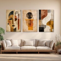Modern Sanat Soyut Yüz ve Geometrik Desenler Üçlü Cam Tablo Seti Üçlü Set Duvar Dekoru Modern Sanat Soyut Yüz ve Geometrik Desenler Üçlü Cam Tablo Seti Üçlü Set