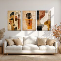 Modern Sanat Soyut Yüz ve Geometrik Desenler Üçlü Cam Tablo Seti Üçlü Set Duvar Dekoru Modern Sanat Soyut Yüz ve Geometrik Desenler Üçlü Cam Tablo Seti Üçlü Set