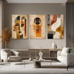 Modern Sanat Soyut Yüz ve Geometrik Desenler Üçlü Cam Tablo Seti Üçlü Set Duvar Dekoru Modern Sanat Soyut Yüz ve Geometrik Desenler Üçlü Cam Tablo Seti Üçlü Set