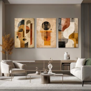 Modern Sanat Soyut Yüz ve Geometrik Desenler Üçlü Cam Tablo Seti Üçlü Set - Glazella
