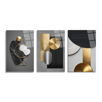 Modern Soyut Geometrik Gold ve Mermer Dokulu 3'lü Cam Tablo Seti Üçlü Set