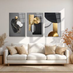 Modern Soyut Geometrik Gold ve Mermer Dokulu 3'lü Cam Tablo Seti Üçlü Set Duvar Dekoru Modern Soyut Geometrik Gold ve Mermer Dokulu 3'lü Cam Tablo Seti Üçlü Set