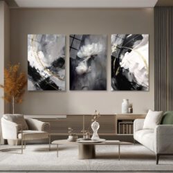 Siyah Beyaz Altın Detaylı Modern Çiçekli 3'lü Cam Tablo Seti Üçlü Set Duvar Dekoru Siyah Beyaz Altın Detaylı Modern Çiçekli 3'lü Cam Tablo Seti Üçlü Set