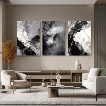 Siyah Beyaz Altın Detaylı Modern Çiçekli 3'lü Cam Tablo Seti Üçlü Set - Glazella Siyah Beyaz Altın Detaylı Modern Çiçekli 3'lü Cam Tablo Seti Üçlü Set - Glazella