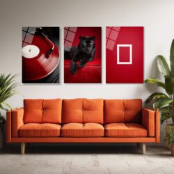 Kızıl Ritüel Üçlü Cam Tablo Seti: Plak, Panter ve Minimalist Sanat Üçlü Set Duvar Dekoru Kızıl Ritüel Üçlü Cam Tablo Seti: Plak, Panter ve Minimalist Sanat Üçlü Set